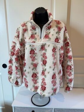 Arizona Jean Company Cream Sherpa Pullover with Pink Floral Print